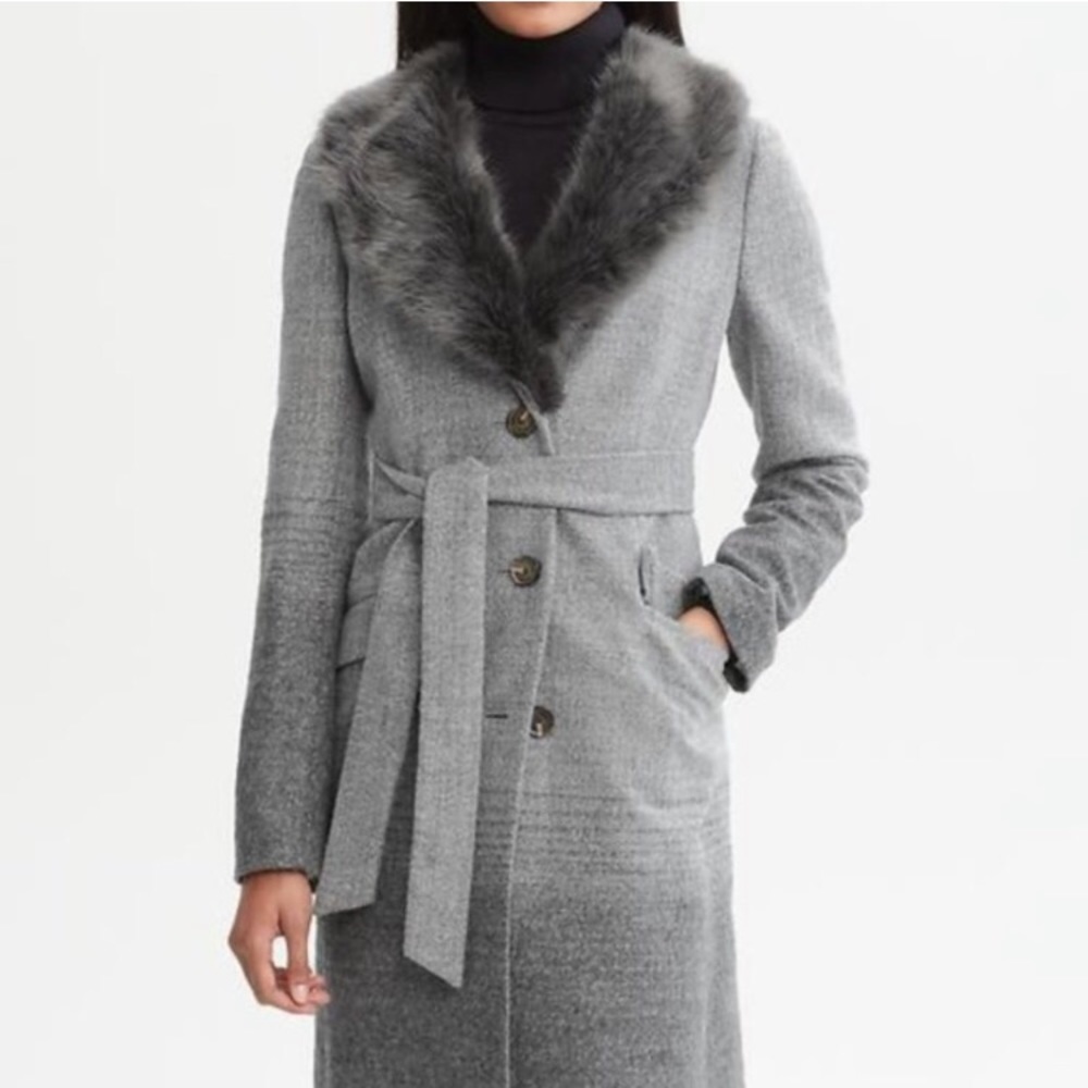 Banana Republic Coat Jacket Grey Ombre Wool Faux Fur Collar Anna Karenina Belted